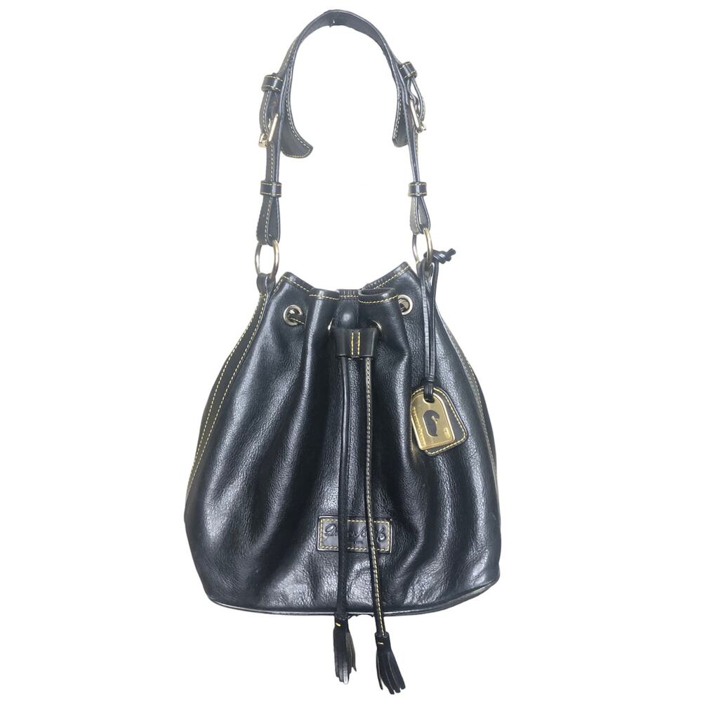 Dooney & Bourke Purse Tassel Drawstring Tote Bucket Black Leather Shoulder Bag